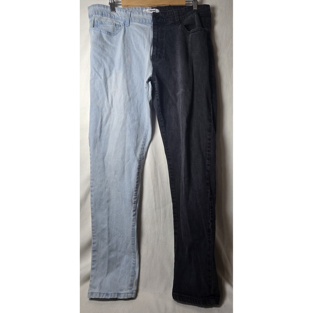 NEW Fashion Nova Men Jeans Denim Two Tone Pale Blue Black Straight Sz 38x31